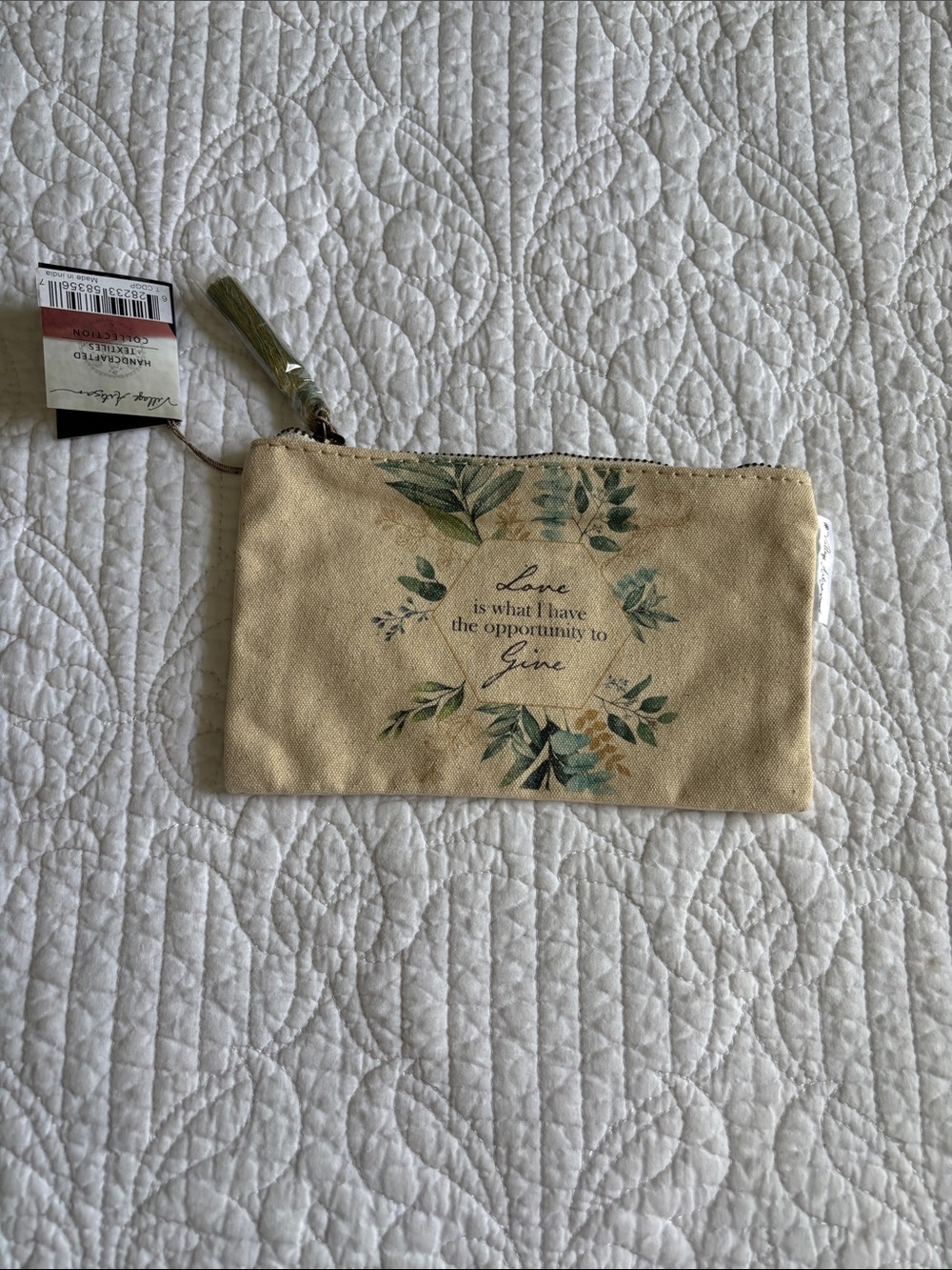 NWT Village Artisan Handcrafted Floral Quote Canvas Zip Pouch Neutral Beige